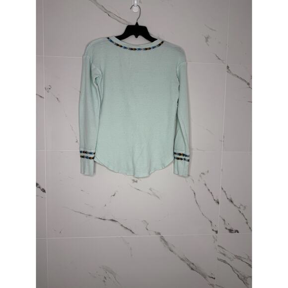 Free People Tops - Free People Light Blue Rainbow Thermal Top Sz S Stretch Cuff Embroidered Aztec